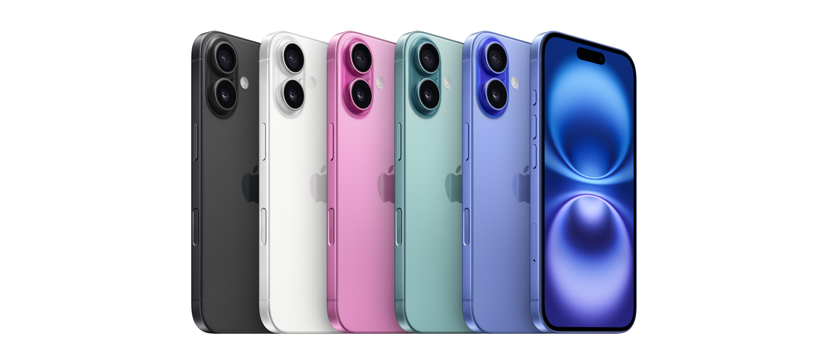 全部五款颜色的 iPhone 16,以背面视图展示黑色、白色、粉色、深青色和群青色外观,同时还有群青色 iPhone 16,展示正面视图。